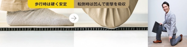 歩行時は硬くて安定、転倒時は柔らかく、衝撃を吸収する緩衝フロア&マット「ころやわ」。マットの上は車いすでの移動や杖の使用も可能だ