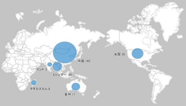 世界の主要レアアース鉱石生産国　2020年間値、単位：REO千トン（JOGMECの資料から）