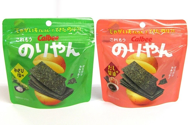 代替海苔「のりやん」の「だし醤油味」（左）と「わさび塩味」