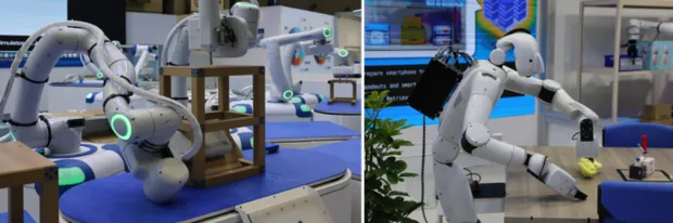 安川電機が出展した少量多品種に対応する産業用ロボット（左）とヒューマノイドロボット