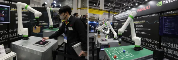 ファナックが展示したエヌビディアと協業して開発したフィジカルロボットは、人との接触を回避しながら指示通りに作業を続ける