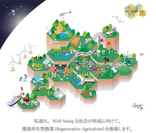現中期計画「もっと一緒にRooted in Community 」をイメージして社員が描いたイラスト