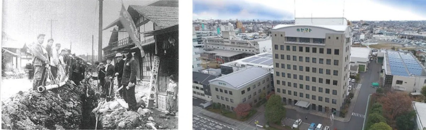 （左）創業当初の写真、（右）本社ビルの写真