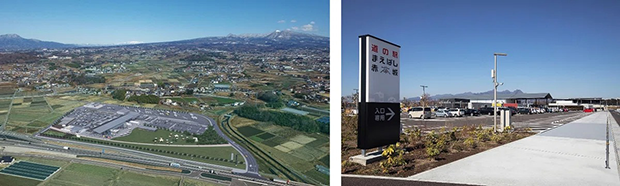 （左）道の駅まえばし赤城（俯瞰図）、（右）道の駅まえばし赤城（入口）